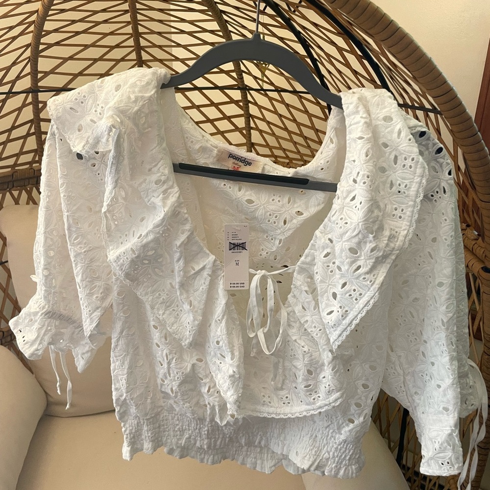 Anthropologie white cropped eyelet summer top size M new with tags